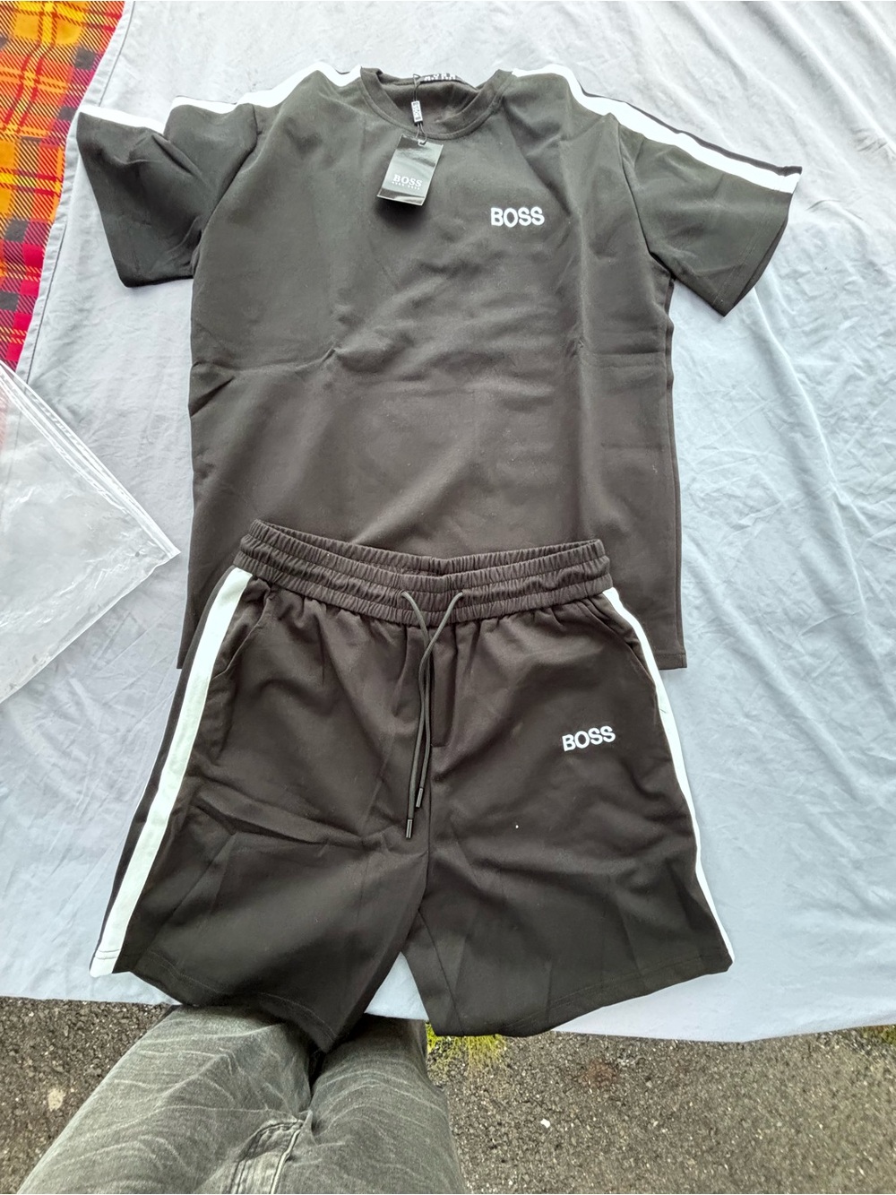 Hugo Boss Black Athletic Shorts set top and bottom with White Side Stripes